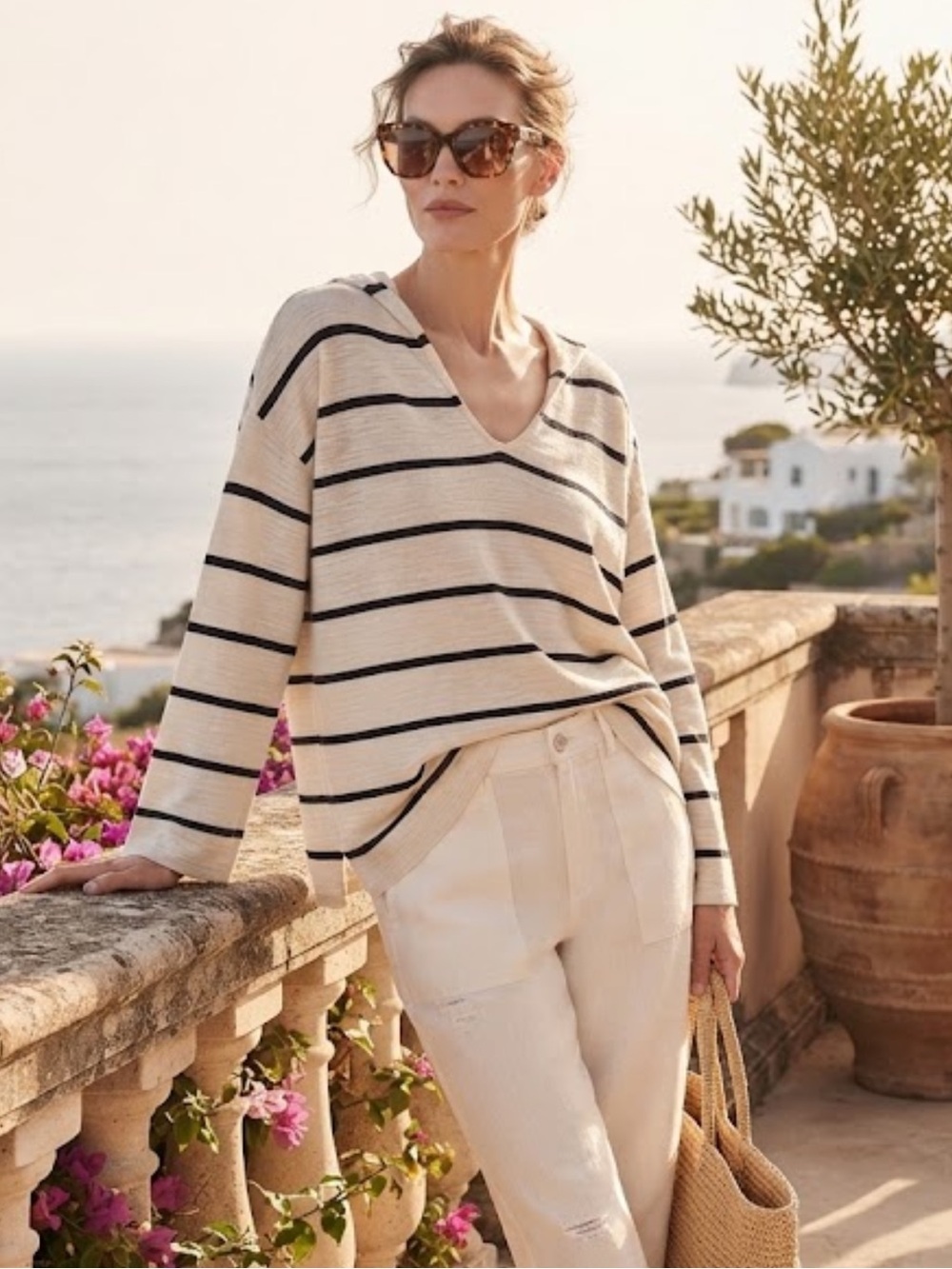 J. Jill Cream and Black Striped V-Neck Hoodie Oversized Cotton Sweater